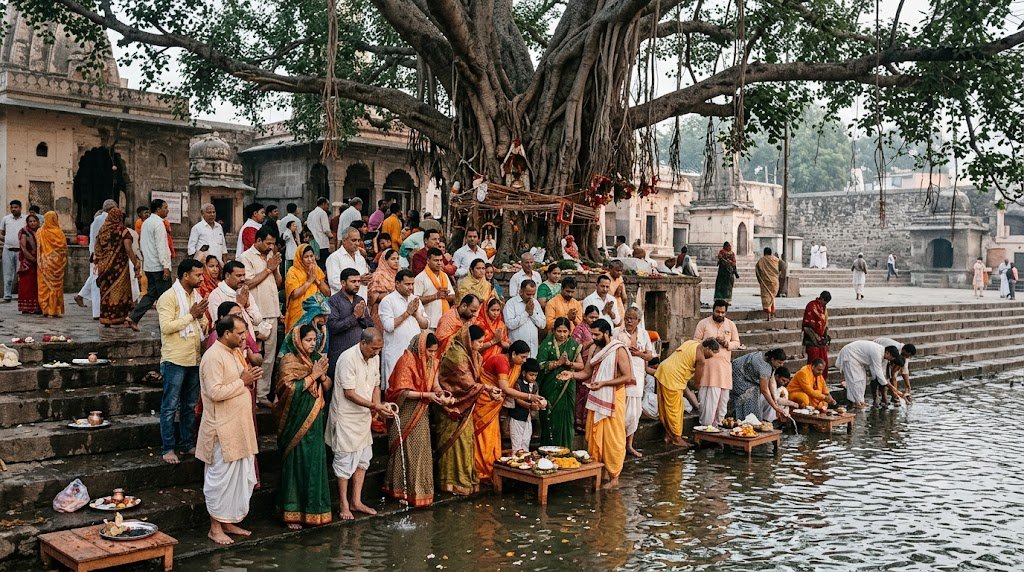 उज्जैन के सिद्धवट पर पितृपक्ष में तर्पण करते श्रद्धालु