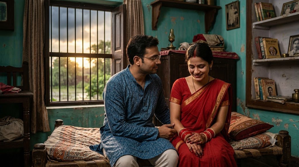 अधूरे प्रेम और नए वैवाहिक रिश्ते की भावनाओं को दर्शाता यथार्थवादी दृश्य