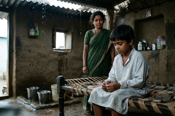 बारिश के बीच पिता का पुराना कुर्ता पहने गरीब बच्चा