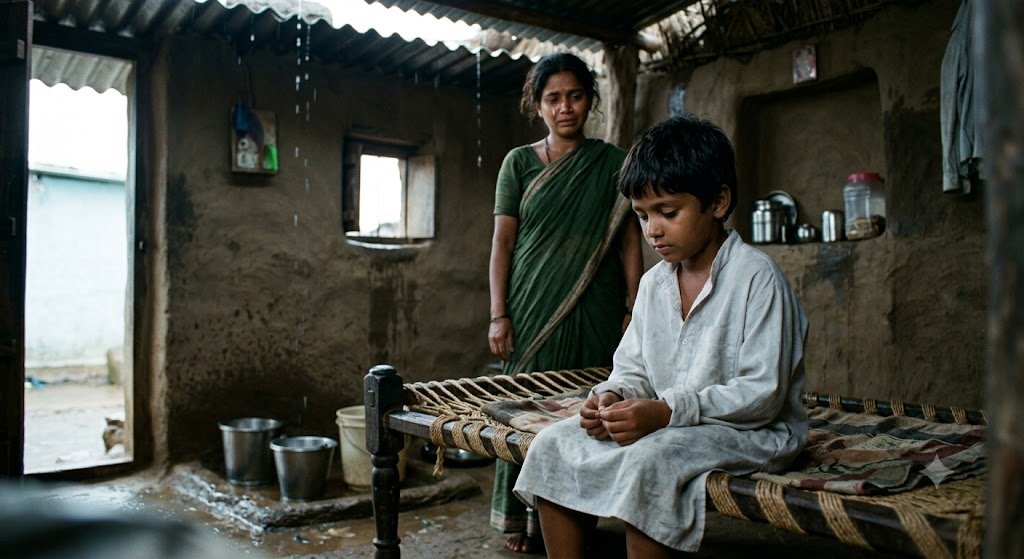 बारिश के बीच पिता का पुराना कुर्ता पहने गरीब बच्चा
