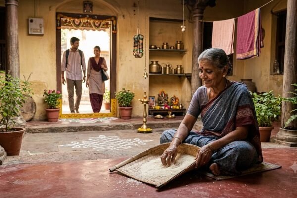 माँ घर के आँगन में चावल चुनती हुई