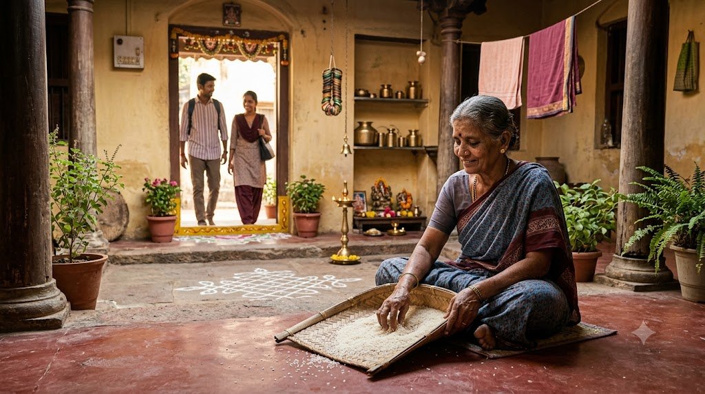 माँ घर के आँगन में चावल चुनती हुई