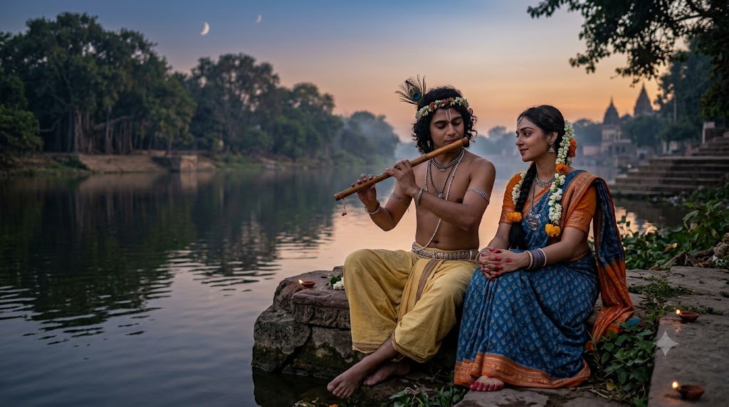 मुरली की धुन सुनते राधा और कृष्ण का यमुना तट पर भावुक दृश्य