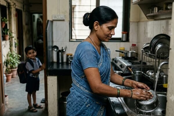 मेहनतकश माँ को काम करते देखते हुए उसका छोटा बेटा