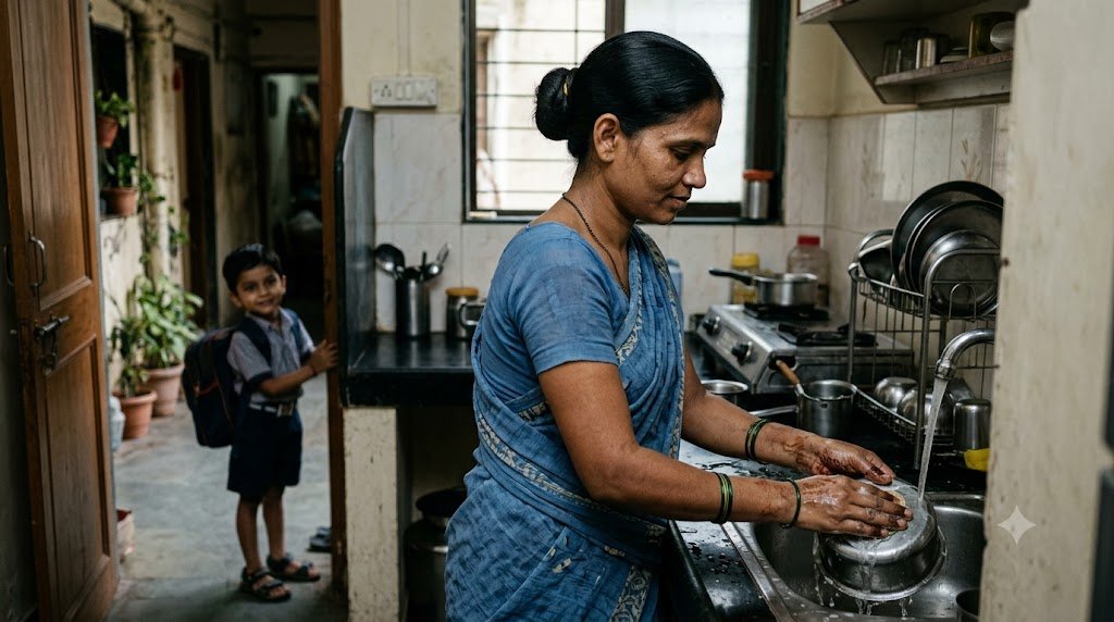 मेहनतकश माँ को काम करते देखते हुए उसका छोटा बेटा
