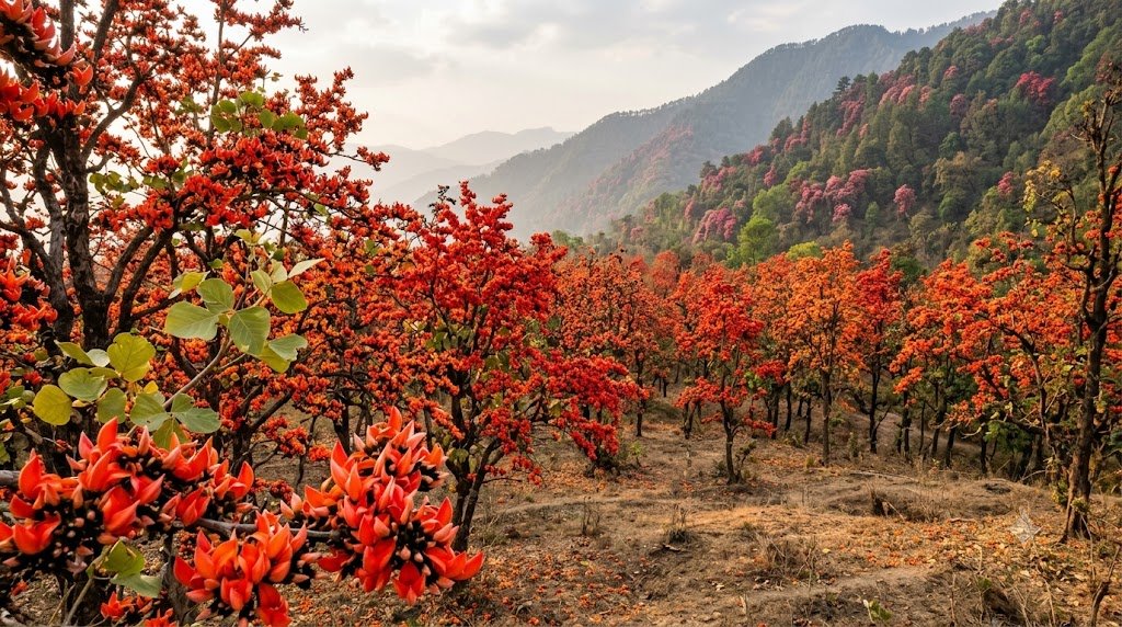 पलाश और बुरांश के फूलों से दहकता जंगल