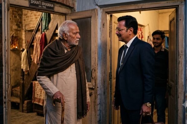 ख़ामोश घर की दीवारें फुसफुसाती हैं भाग 5 में श्यामबाबू और आगंतुक की भावनात्मक मुलाकात।