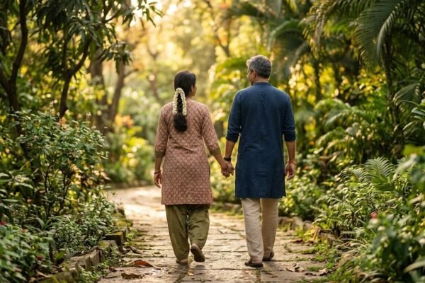 प्रेम का नया सफ़र दर्शाते हुए हाथों में हाथ लेकर चलते भारतीय प्रेमी युगल की तस्वीर।