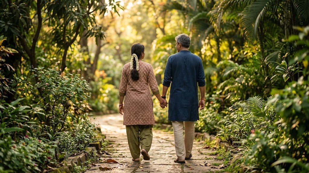 प्रेम का नया सफ़र दर्शाते हुए हाथों में हाथ लेकर चलते भारतीय प्रेमी युगल की तस्वीर।
