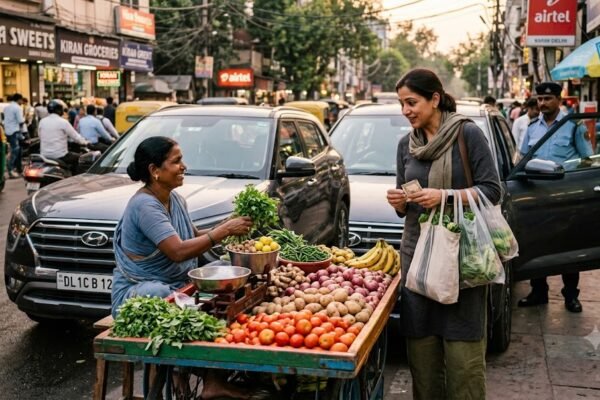 सब्जी के ठेले पर खरीदारी करती अंजलि और बुजुर्ग सब्जी विक्रेता