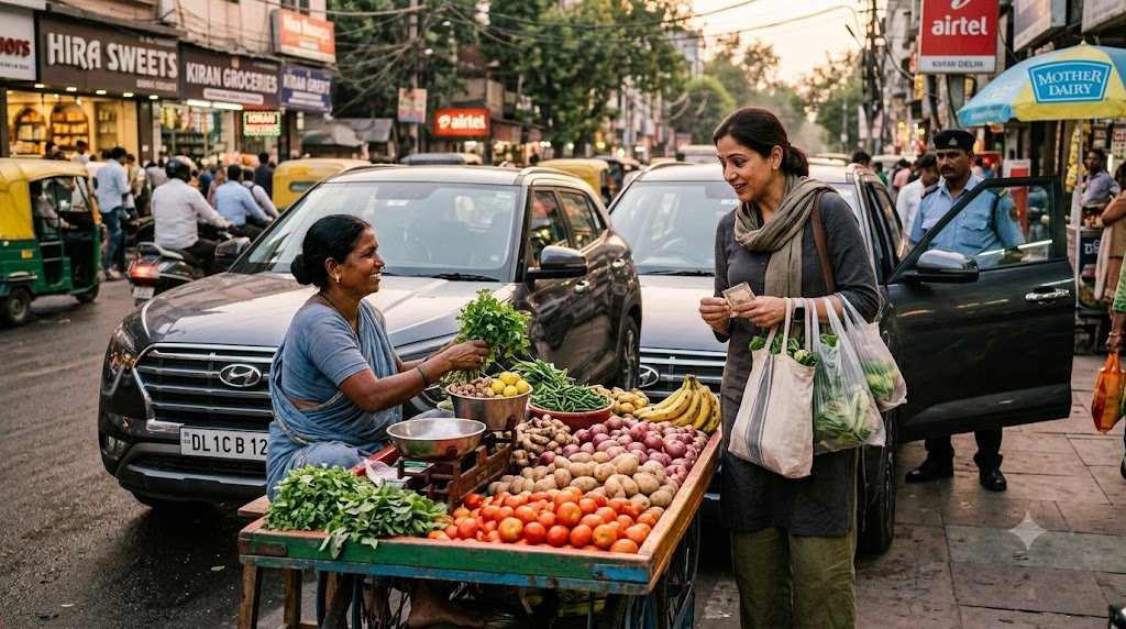 सब्जी के ठेले पर खरीदारी करती अंजलि और बुजुर्ग सब्जी विक्रेता