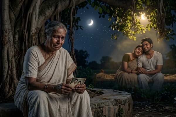 चाँदनी रात में साथ बैठे प्रेमी और बीती यादों में खोया अकेला व्यक्ति