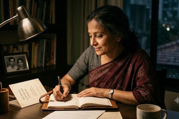 मंच का आमंत्रण मिलने के बाद डायरी लिखती महिला