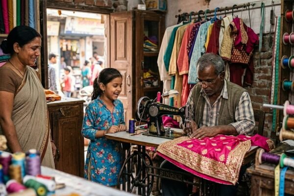 सुनहरी किनारी हिंदी कहानी में बच्ची की रानी वाली पोशाक सिलता दर्जी