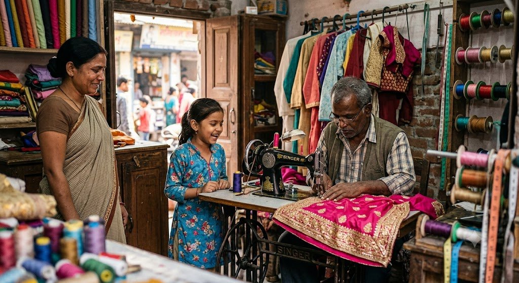 सुनहरी किनारी हिंदी कहानी में बच्ची की रानी वाली पोशाक सिलता दर्जी