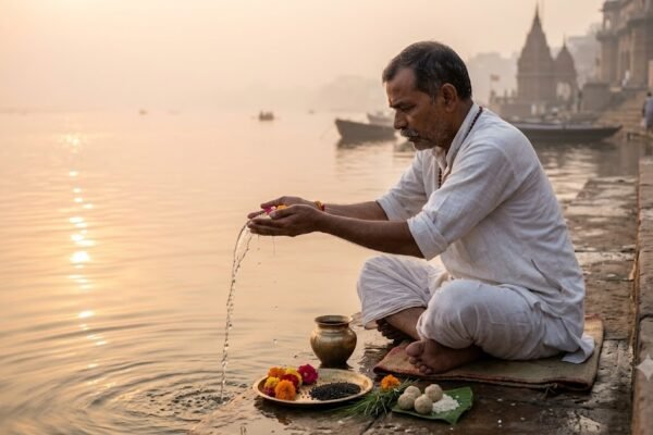 पितृपक्ष में पूर्वजों के लिए तर्पण करते व्यक्ति