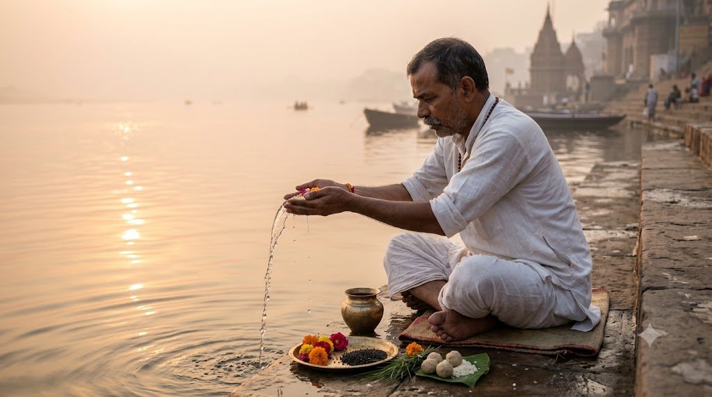 पितृपक्ष में पूर्वजों के लिए तर्पण करते व्यक्ति