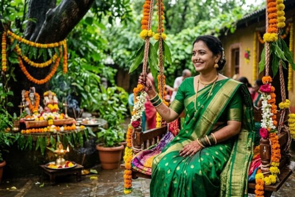 तीज पर्व पर झूले पर बैठी महिला और शिव-पार्वती की पूजा