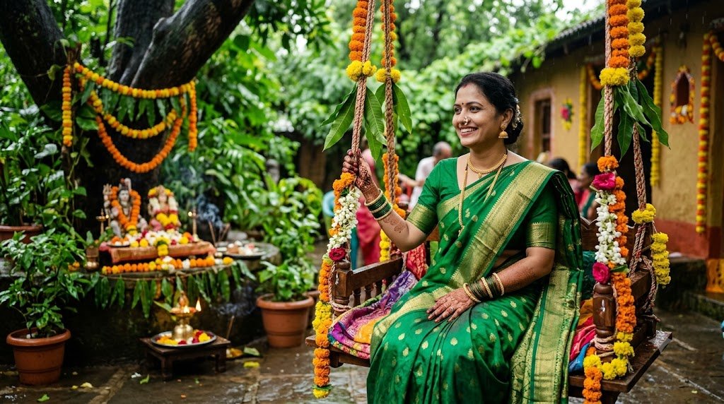 तीज पर्व पर झूले पर बैठी महिला और शिव-पार्वती की पूजा