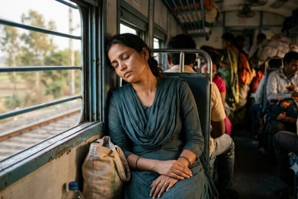 ट्रेन में झपकी लेते हुए अधूरी मोहब्बत के सपनों में खोई महिला