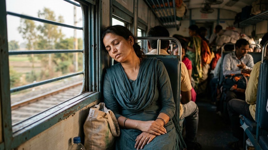 ट्रेन में झपकी लेते हुए अधूरी मोहब्बत के सपनों में खोई महिला