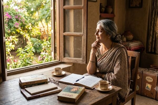खिड़की के पास बैठा व्यक्ति खुली डायरी और किताब के साथ अपने शौक के बारे में सोचता हुआ