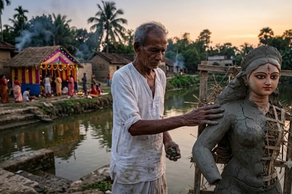 अधूरी दुर्गा प्रतिमा के पास खड़े बुजुर्ग मूर्तिकार