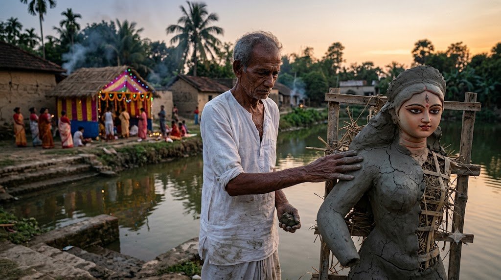 अधूरी दुर्गा प्रतिमा के पास खड़े बुजुर्ग मूर्तिकार