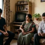 भारतीय परिवार में माँ, पिता और किशोर बेटे के बीच व्यक्तिगत स्वतंत्रता और आपसी समझ को दर्शाता दृश्य