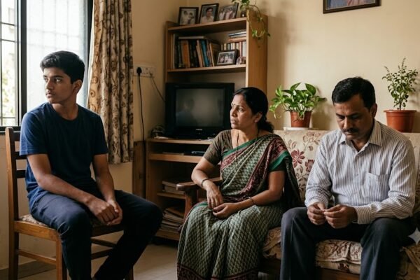 भारतीय परिवार में माँ, पिता और किशोर बेटे के बीच व्यक्तिगत स्वतंत्रता और आपसी समझ को दर्शाता दृश्य