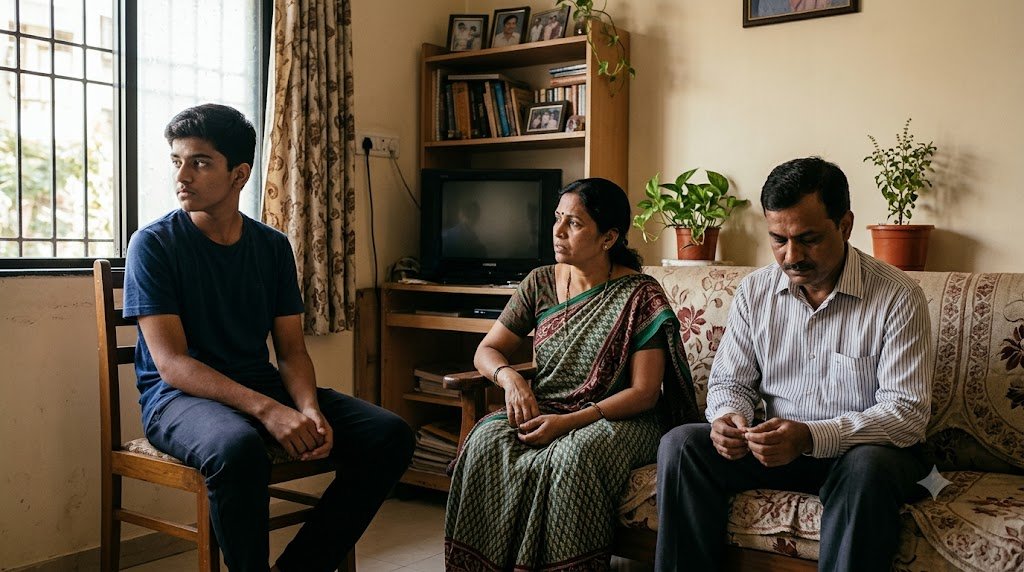 भारतीय परिवार में माँ, पिता और किशोर बेटे के बीच व्यक्तिगत स्वतंत्रता और आपसी समझ को दर्शाता दृश्य