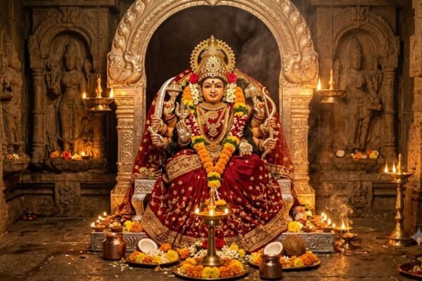 सितारों से सजी लाल चुनरी और स्वर्ण आभूषणों से अलंकृत माँ भवानी की प्रतिमा।