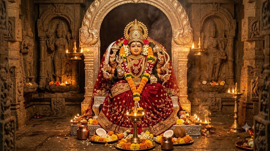 सितारों से सजी लाल चुनरी और स्वर्ण आभूषणों से अलंकृत माँ भवानी की प्रतिमा।