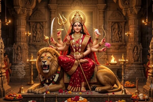 सिंह पर सवार माँ दुर्गा का दिव्य स्वरूप, हाथों में त्रिशूल और खड्ग