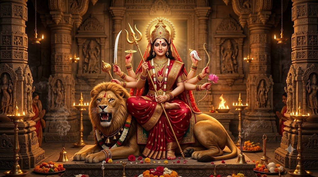 सिंह पर सवार माँ दुर्गा का दिव्य स्वरूप, हाथों में त्रिशूल और खड्ग