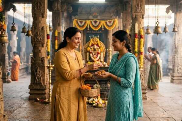 मंदिर के प्रांगण में दो महिलाओं की पहली मुलाकात और आत्मीय बातचीत