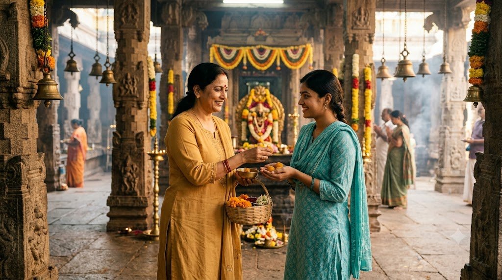 मंदिर के प्रांगण में दो महिलाओं की पहली मुलाकात और आत्मीय बातचीत