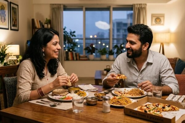 एक ही टेबल पर अलग-अलग खाना खाते भारतीय कपल