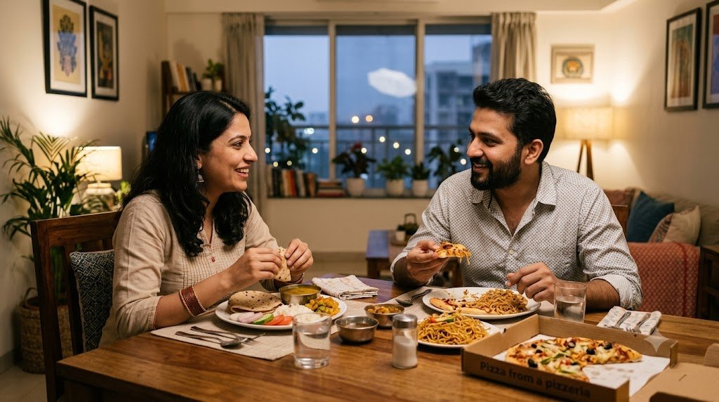एक ही टेबल पर अलग-अलग खाना खाते भारतीय कपल
