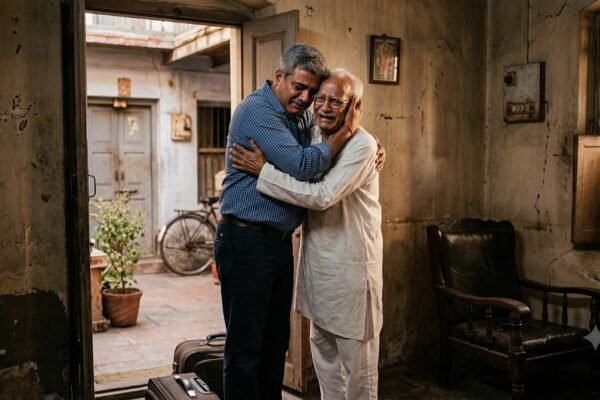वर्षों बाद पिता से गले मिलता बेटा मोहन
