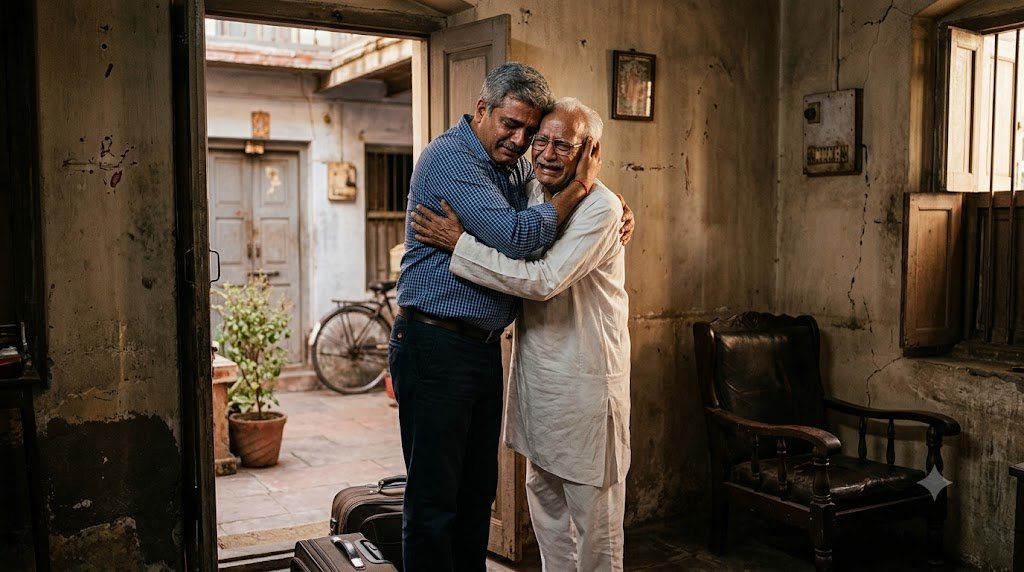 वर्षों बाद पिता से गले मिलता बेटा मोहन