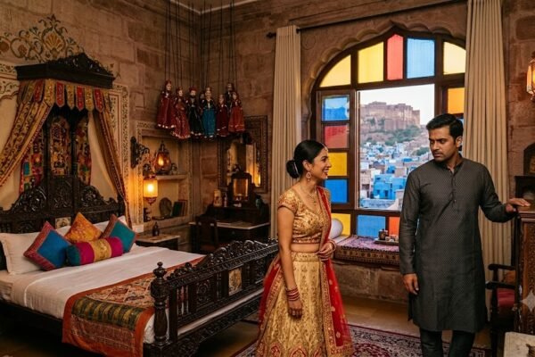 जोधपुर की शाही हवेली में हया और समर्थ तथा पीछे दिखाई देता मेहरानगढ़ किला
