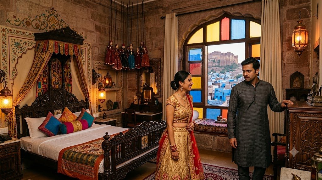 जोधपुर की शाही हवेली में हया और समर्थ तथा पीछे दिखाई देता मेहरानगढ़ किला