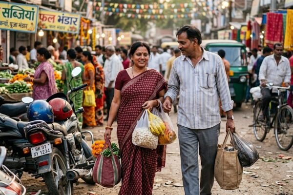 व्रत की सामग्री लेकर लौटती सेनु और उसकी मदद करता पति