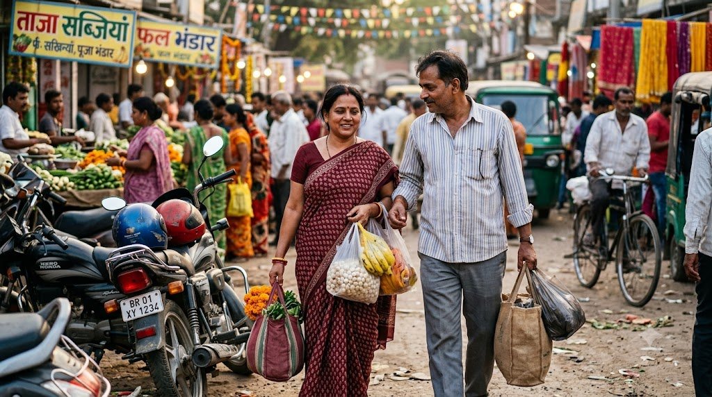 व्रत की सामग्री लेकर लौटती सेनु और उसकी मदद करता पति