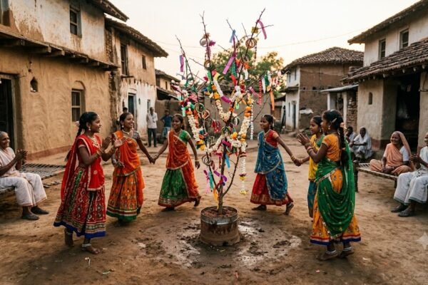 कटनी में महामुलिया पर्व पर सजाई गई डाल के चारों ओर लोकगीत गाती बालिकाएँ