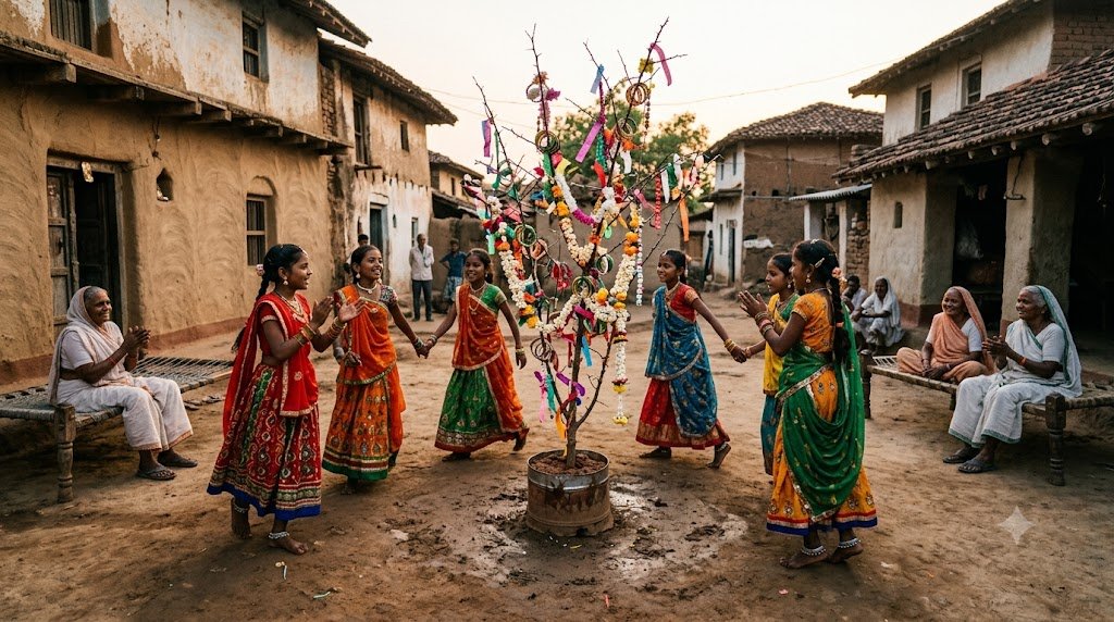 कटनी में महामुलिया पर्व पर सजाई गई डाल के चारों ओर लोकगीत गाती बालिकाएँ