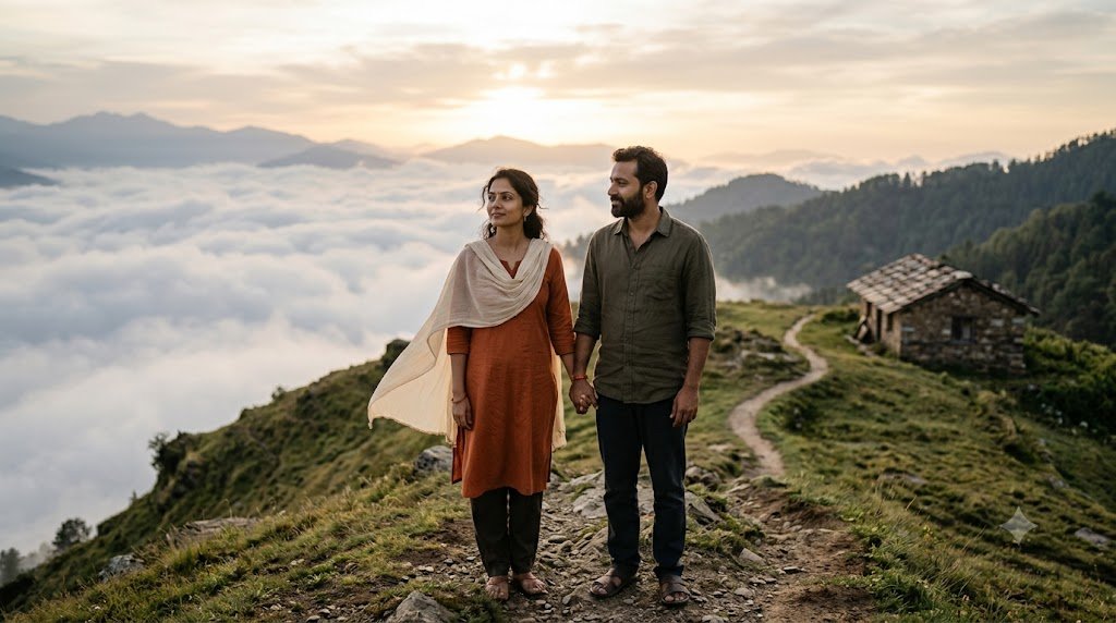 बादलों के पार एक शांत प्रेमिल दुनिया का सपना देखते प्रेमी युगल का यथार्थवादी दृश्य