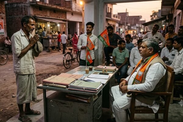 सरकारी नौकरी मांगते मदन के सामने बैठे नेता जी, राजनीतिक व्यंग्य लघुकथा ‘डिग्री’ का दृश्य