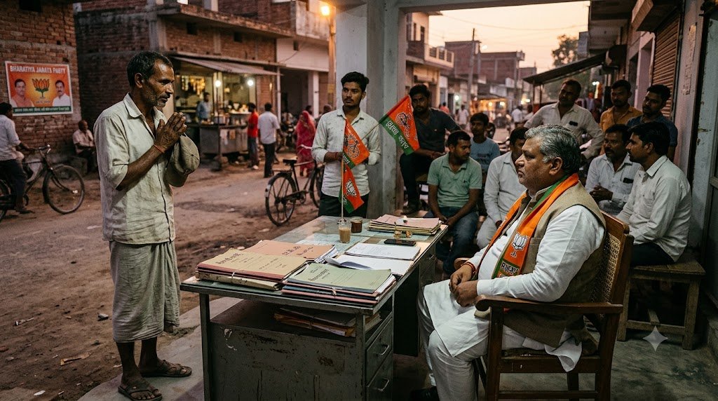 सरकारी नौकरी मांगते मदन के सामने बैठे नेता जी, राजनीतिक व्यंग्य लघुकथा ‘डिग्री’ का दृश्य